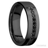 7 mm wide/Flat/Zirconium band with a Half Eternity arrangement of 03 carat Round Black Diamond stones in a Bead setting
